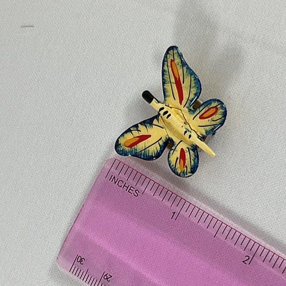 Vintage Butterfly Shaped Button Covers Yellow Blue Plastic Flaw 1.25" Long - Picture 5 of 6